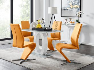 Furniturebox Giovani Grey White Modern High Gloss & Glass Dining Table & 4 Willow Chairs Set in Mustard