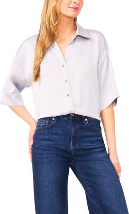 CeCe by Cynthia Steffe Three-Quarter Sleeve Satin Button-Up Shirt in Blue Pearl at Nordstrom, Size Medium
