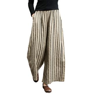 Generic Wide Leg Trousers for Women Casual Stripe Print Elastic Waist Pocket Loose Straight Leg Cropped Pants Ladies Comfortable Casual Wide Leg Bottoms for W