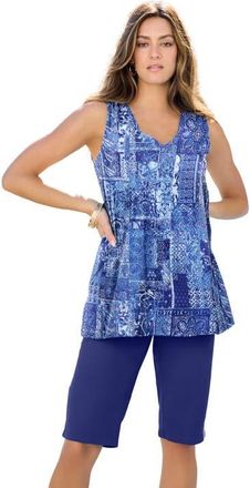Roaman's Plus Size Cotton Ultimate Swing Tank Top in Evening Blue Paisley Patch at Nordstrom, Size 16