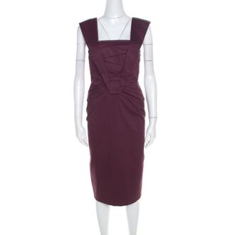 Escada Purple Cotton Stretch Pleated Bodice Detail Sleeveless Pencil Dress