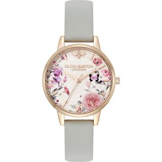 Olivia Burton Illustrated Floral Leather Strap Watch, 30mm in Ivory/grey at Nordstrom