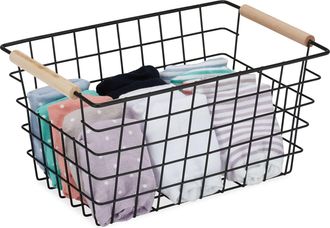 Relaxdays Relaxdays - 3 Cestas Met&aacute;licas Rejilla Alambre Con Asas Madera, Canasto Almacenaje Rectangular, 16x31x21cm, Negro
