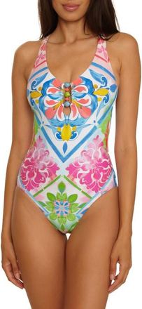 BECCA by Rebecca Virtue Mijas Beaded Cutout One-Piece Swimsuit in Blue Multi at Nordstrom, Size Medium