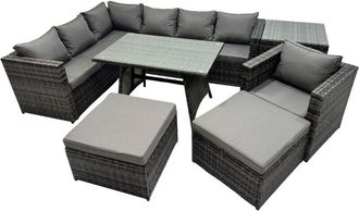 Fimous Fimous 9-seater Outdoor PE Rattan Sofa Set with Dining Table Patio Garden Furniture Sets with Chair Side Table 2 Big Stools Dark Grey Mixed