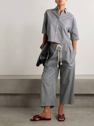 Maria McManus Crop Oversized Short Sleeve Shirt In Grey Railroad Stripe