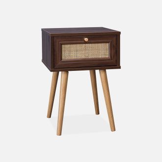 Sweeek Sweeek - Mesita De Noche Con Efecto Madera Y Ca&ntilde;a, 1 Caj&oacute;n, Boheme, Madera Oscura, 39x39x55.4 Cm