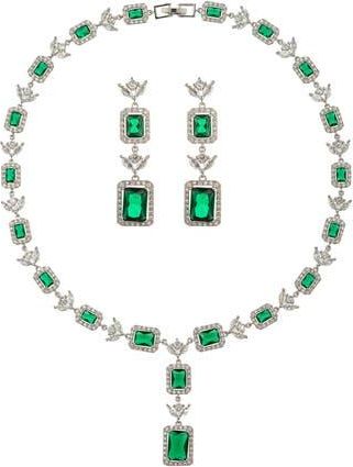 Eye Candy Los Angeles Alice Cubic Zirconia Necklace & Drop Earrings Set in Silver/green at Nordstrom Rack