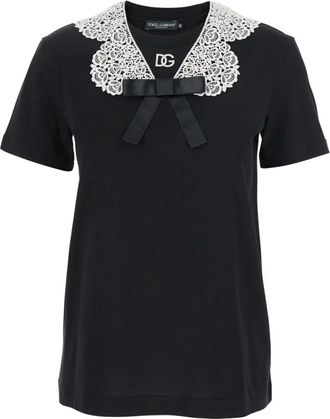 Dolce & Gabbana Zwart T-shirt met strik en kant - Dames - T-shirts - Zwart - S - Katoen - Tops