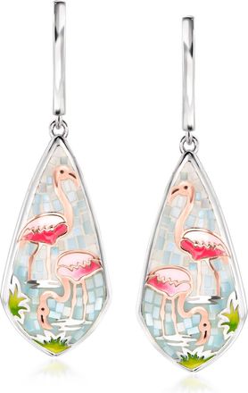 Ross-Simons Mother-Of-Pearl and Multicolored Enamel Flamingo Mosaic Drop Earrings in Sterling Silver and 18kt Rose Gold Over Sterling