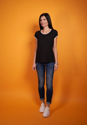 Seidel Moden T-Shirt SEIDEL MODEN, Damen, Gr. 38, schwarz, Jersey, Obermaterial: 95% Viskose, 5% Elasthan, kontrastfarbene Details, Basic, normal h&uuml;ftlang, Rundhal