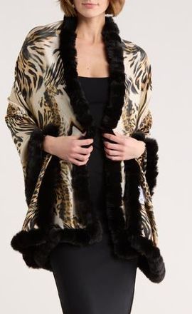 La Fiorentina Faux Fur Trim Animal Print Wrap Scarf in Leopard at Nordstrom Rack