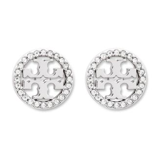 Tory Burch Accessoires, Dames, Grijs, ONE Size, Circle-stud Crystal Logo Oorbellen