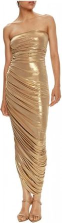 Norma Kamali Kleedjes, Dames, Geel, M, Polyester, Diana Ruched Metallic Maxi Jurk