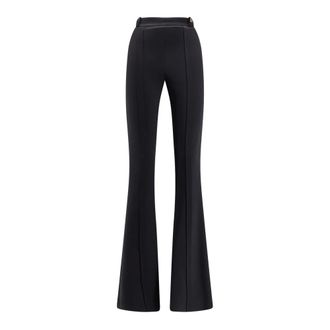 Elisabetta Franchi Wide Trousers, female, Black, Size: 2XL Double-Layer Stretch Crepe Trousers with Logo Charm