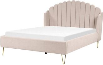Beliani Upholstered Bed Frame Shell Headboard eu King Size 5ft3 Metal Legs Beige Ambillou