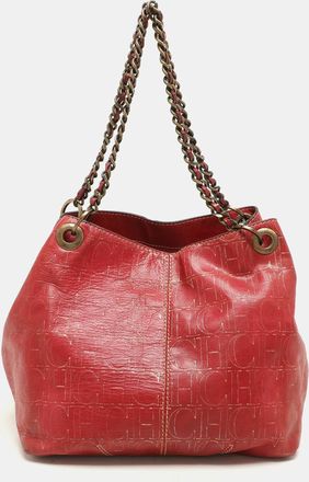 Carolina Herrera Red/gold Monogram Leather Chain Tote