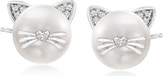 Ross-Simons 8-8.5mm Cultured Pearl Cat Earrings With Diamonds in Sterling Silver