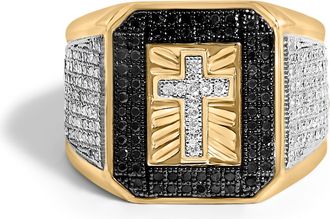House of Brilliance Mens 10K Yellow Gold 1 1/2 Cttw White and Black Diamond Cross Signet Ring