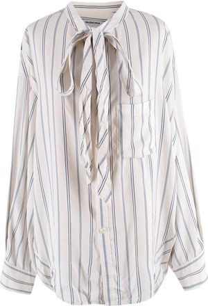Balenciaga White and Blue Striped Silk Logo Shirt Size S