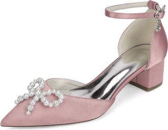 Generic Women Satin Bridal Shoes Pointed Toe Low Chunky Heels Pearls Pumps Wedding Shoes Evening Party Dress Shoes 4.5Cm,Pink,10 UK