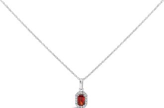 House of Brilliance 10K White Gold 5x3mm Birthstone and Diamond Accent Halo Octagonal Shape Pendant Necklace in Red Garnet | White at Nordstrom