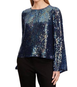 Velvet Evie Sequin Wide Neck Blouse In Baltic