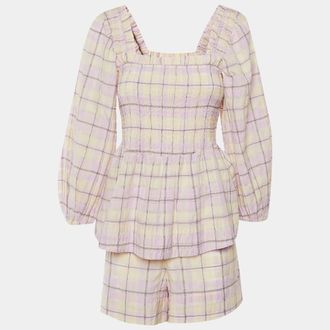 Ganni Ganni Lilac Checked Cotton Peplum Top & Shorts Set