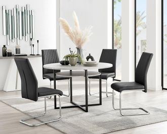 Furniturebox Adley Grey Concrete Effect Round Dining Table & 4 Lorenzo Faux Leather Chairs in Black