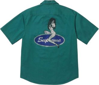 SUPREME Rhinestone Pin Up Short-Sleeve Work Shirt Work Green SS25S35-WORK-GREEN