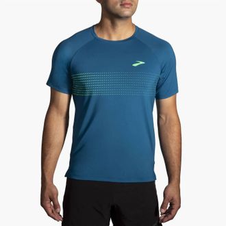 Brooks MenS Atmosphere Short Sleeve Tee In Dark Ocean/pixel Stripe