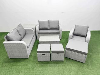 Fimous High Back Poly Rattan Garden Furniture Set w/ Reclining Chair Loveseat Sofa Rectangular Coffee Table Indoor Outdoor Patio Set 3 Stools Side
