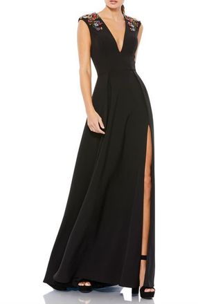 Mac Duggal Beaded Cap Sleeve V Neck A Line Gown in Black at Nordstrom, Size 18