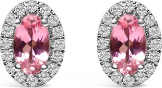 House of Brilliance 10K White Gold 5x3 MM Oval Cut Birthstone and Diamond Halo Stud Earrings in Pink Tourmaline at Nordstrom