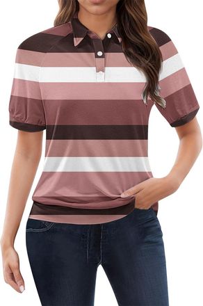 Generic Polo Shirts for Women Short Sleeve Striped Henley Shirts Ladies Golf Tops Workout Sports Gym Tops (Striped A03-Wine, L) Polo Shirts