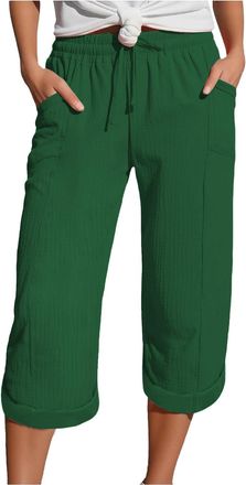 Generic Linen Trousers Womens Drawstring Elastic Waist Summer Lightweight 3/4 Trousers with Pockets Causal Loose Comfortable Fabric Sport Leisure Beach Hiking