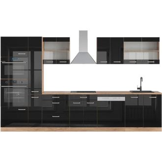 Vicco Cucina componibile R-Line, Rovere nero/oro lucido, 350 cm con armadio alto, senza piano di lavoro