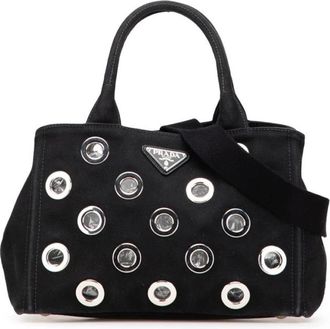 Prada Pre-owned Handbags, female, Black, Size: ONE SIZE Pre-owned Elegant Canvas Tote Bag with Eyelet Embellishments and Stylish Handle
