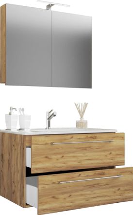 ebuy24 Ebuy24 - Vcm 3 Pcs Lavabo Lavabo Inferior Gabinete Ancho 60 Cm Juego De Muebles De Ba&ntilde;o Colgando Con Un Caj&oacute;n Espejo Gabinete Badinos (roble Miel)