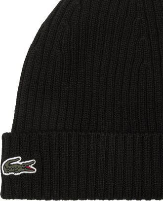 Lacoste Mens Ribbed Wool Beanie Hat Black