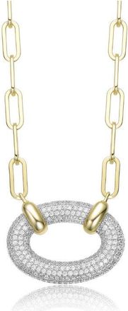 Rachel Glauber Two-Tone with Clear Cubic Zirconia Thick Circular Pendant Necklace