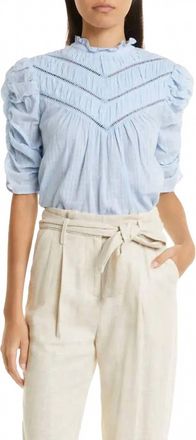 Veronica Beard Shirred Sleeve Eyelet Cotton Blouse In Blue