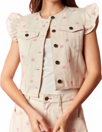 Peach Love California Polka Dot Twill Denim Cropped Vest In Cream / Pink Dots