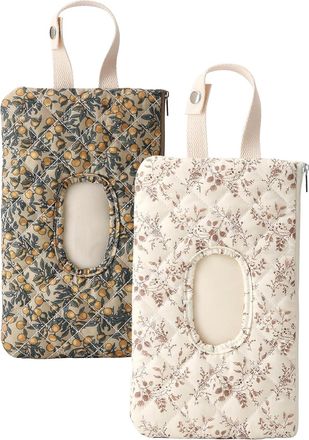 Generic Quilted Wipe Holder Floral Quilted Diaper Pouch Portable Bag, Portable Mommy Bag, Reusable and Hanging Floral Wet Wipes Bags (BEIGE+GREEN)