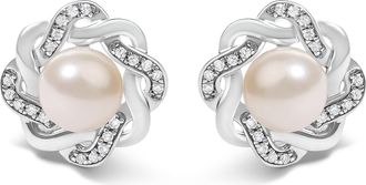 House of Brilliance Sterling Silver Pearl and 1/10 Cttw Diamond Floral Twist Stud Earrings