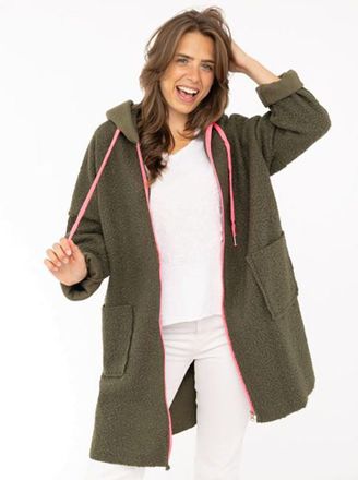 Zwillingsherz Kurzmantel ZWILLINGSHERZ Neon, Damen, khaki, Boucl&eacute;, Obermaterial: 100% Polyacryl, unifarben, Po-bedeckend, ohne Ausschnitt, gerader Abschluss, M&auml;ntel