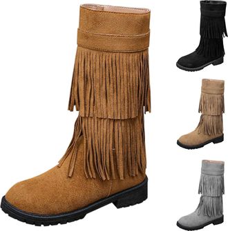 Generic Womens Winter Suede Mid-Calf Cowboy Boots Classic Round Toe Western Tassel Boots with Side Zipper Inner Height Retro Boot Ladies Winter Anti-Slip Walk