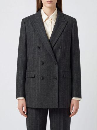 Tagliatore Pinstriped Double-Breasted Blazer in Grey Wool Blend with Peak Lapels