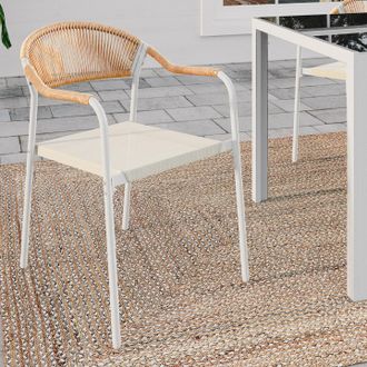 IDMarket Lote De 6 Sillas De Jard&iacute;n Madeira De Metal Blanco Con Cord&oacute;n De Textileno De Rat&aacute;n Beige Y Claro