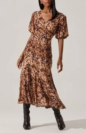 ASTR the Label Lavena Leopard Puff Sleeve Midi Dress in Taupe Leopard Print at Nordstrom Rack, Size Medium